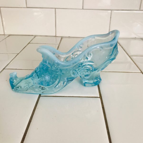 Vintage Shoe Figurine Glass Ice blue with opalescent rim collectible display farmhouse cottage shabby chic bed and breakfast