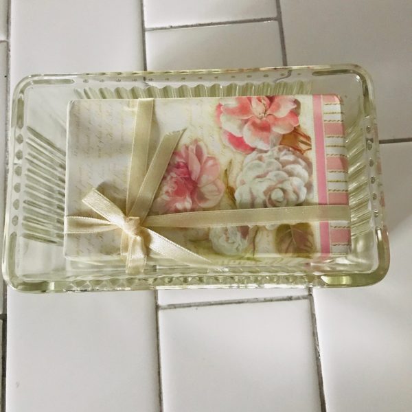 Vintage Soap in Glass Dish ribbed glass vanity collectible shabby chic cottage farmhouse display butter dish