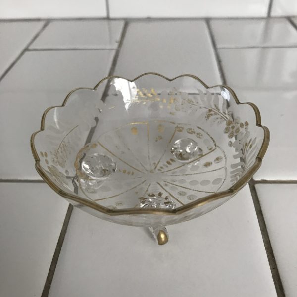 Vintage Trinket dish footed Victorian cut glass gold trim ornate detail small scalloped dish jewelry nuts pins farmhouse bed and breakfast