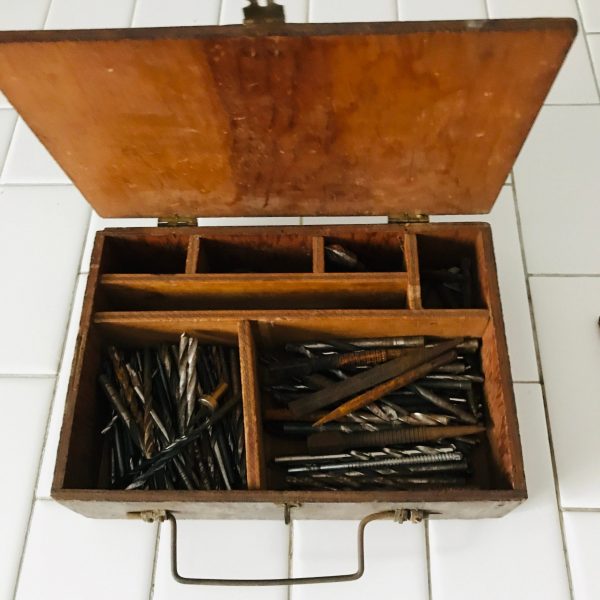 Vintage wooden divided box full of misc. drill bits farmhouse collectible tools wooden box with handle