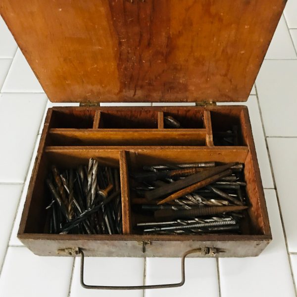 Vintage wooden divided box full of misc. drill bits farmhouse collectible tools wooden box with handle