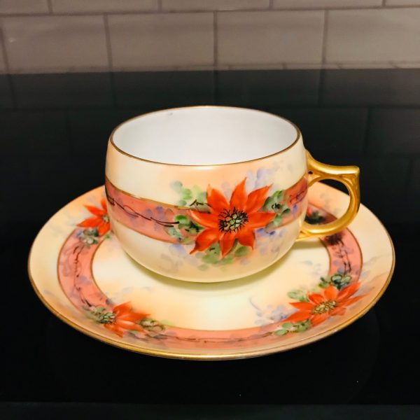 Antique J&C Bavaria Tea cup and saucer Red Poinsettias Fine bone china gold trim farmhouse collectible display Christmas hand painted coffee