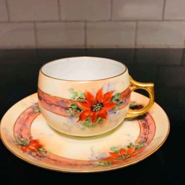 Antique J&C Bavaria Tea cup and saucer Red Poinsettias Fine bone china gold trim farmhouse collectible display Christmas hand painted coffee