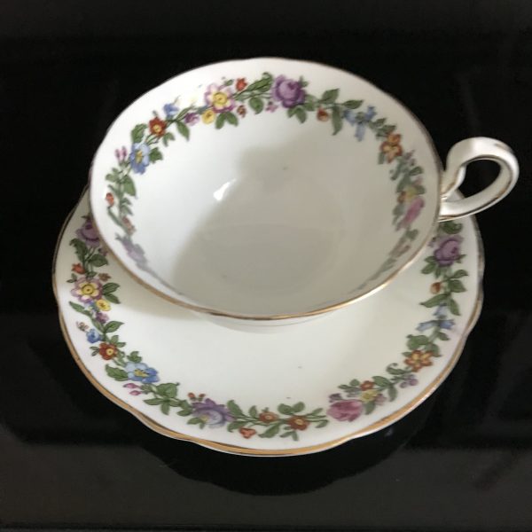 Aynsley Tea Cup and Saucer purple pink yellow blue flower wreath style Fine porcelain England Collectible Display Farmhouse Cottage