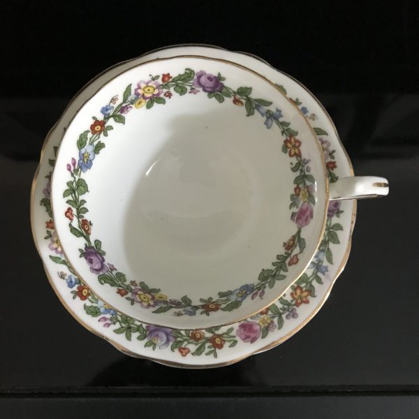 Aynsley Tea Cup and Saucer purple pink yellow blue flower wreath style Fine porcelain England Collectible Display Farmhouse Cottage