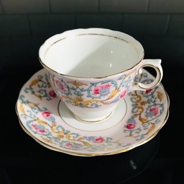 Colclough tea cup and saucer England Fine bone china pink with blue chintz scrolls & pink roses farmhouse collectible display
