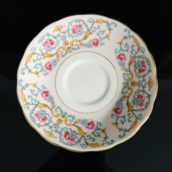 Colclough tea cup and saucer England Fine bone china pink with blue chintz scrolls & pink roses farmhouse collectible display