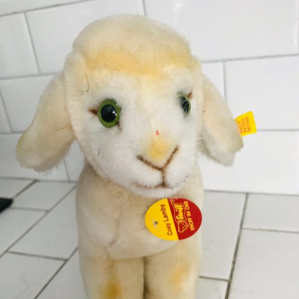 Cozy Lamby Lamb Plush Animal 1970's 8 1/2" tall ear button flag and necktag collectible display farmhouse child's room Vintage