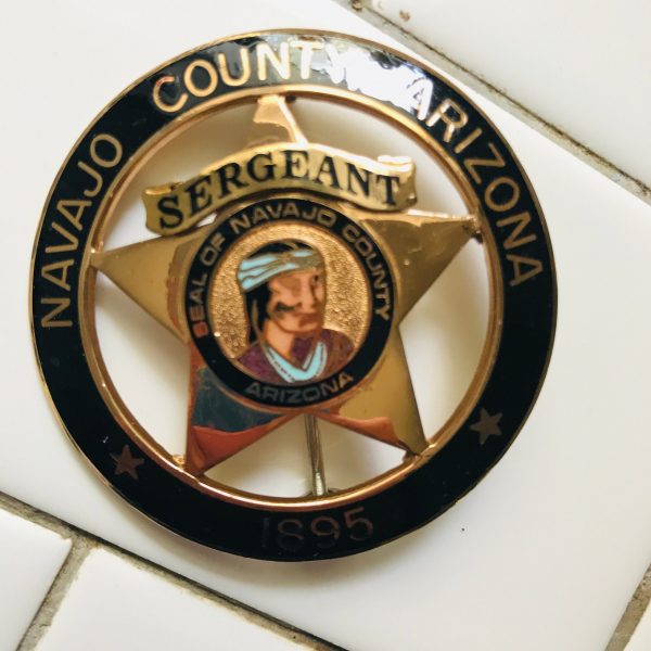 Obsolete Badge Navajo County Arizona Sergeant Gold with black enamel collectible display memorabilia Seal of Navajo County 5 star center