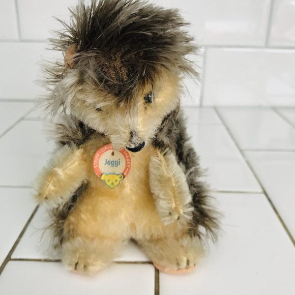 Steiff Joggi Hedgehog Plush Animal 1960's Mini Mohair 5" with front tag and ear button collectible display farmhouse child's room