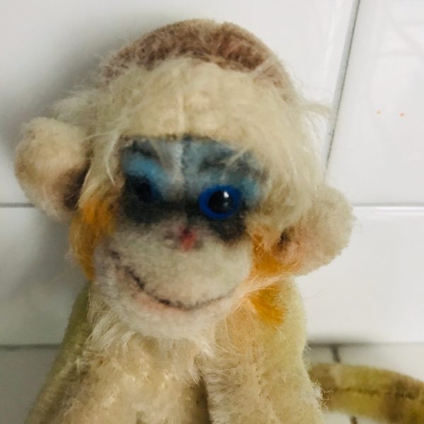 Steiff Monkey Plush Animal Coco Mini Mohair 6 1/2" tall sitting collectible display farmhouse child's room great coloring blue face Vintage