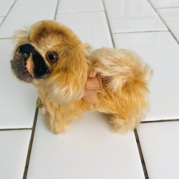 Steiff Pekinese Plush Animal 1960's Mini Mohair Peky 3" with nneck tag and bow collectible display farmhouse child's room