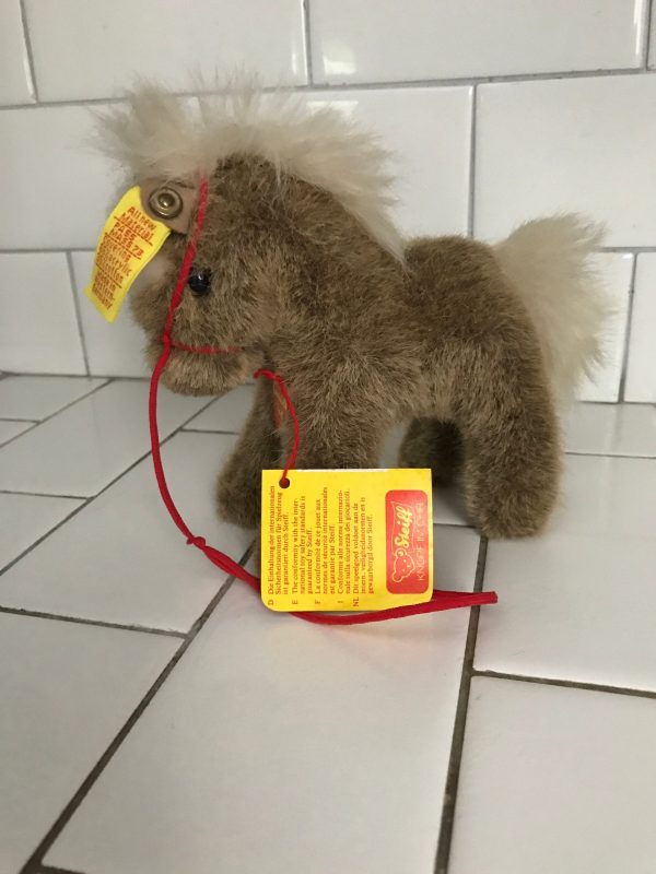 Steiff Stompy Baby horse colt Plush Animal 1970's Mohair 5 1/4" tall ear button neck tag collectible display farmhouse child's room Vintage