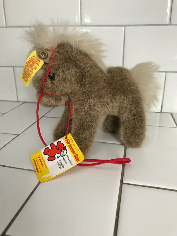 Steiff Stompy Baby horse colt Plush Animal 1970's Mohair 5 1/4" tall ear button neck tag collectible display farmhouse child's room Vintage