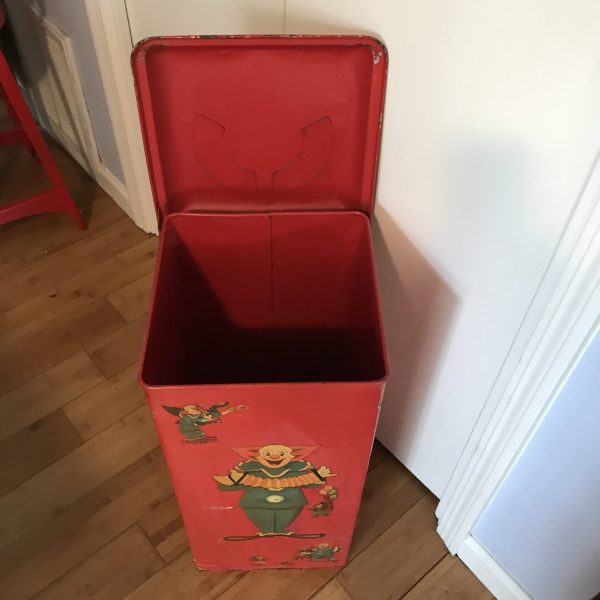Vintage Boxo the clown Metal Can heavy duty Hinged lid Red with Decals 1950's toys Legos Lincoln logs fireplace kindling box 25" tall 11x11