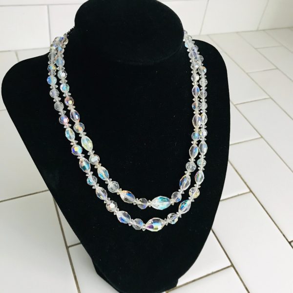 Vintage Necklace Austrian Crystal double strand beaded silver adjustable closure stunning colors clear with blue pink yellow lavender
