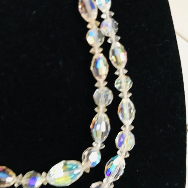 Vintage Necklace Austrian Crystal double strand beaded silver adjustable closure stunning colors clear with blue pink yellow lavender