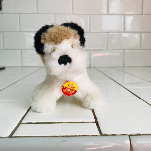 Vintage Steiff Foxy The Fox Terrier Plush Animal 1950's Mini Mohair 4" tall with front name tag & red collar collectible display farmhouse