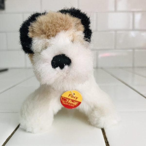 Vintage Steiff Foxy The Fox Terrier Plush Animal 1950's Mini Mohair 4" tall with front name tag & red collar collectible display farmhouse