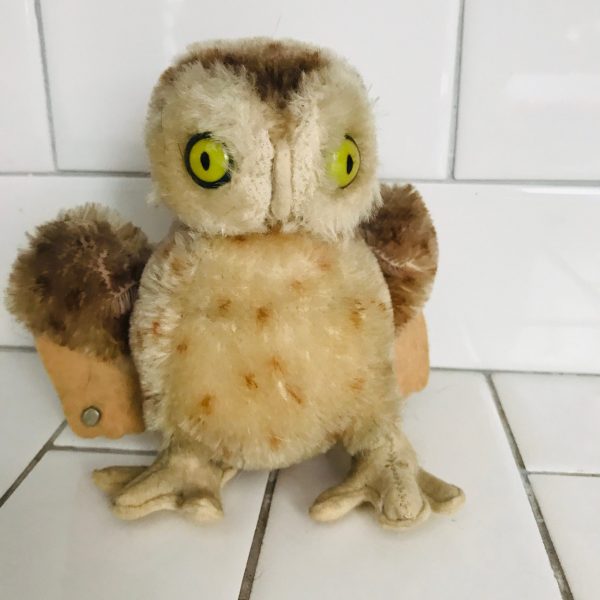 Vintage Steiff Whitie the Owl Plush Animal 1960's Mohair 5 1/4" tall with button on wing collectible display farmhouse child's room cottage