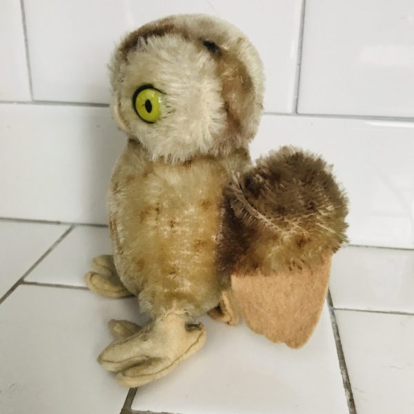 Vintage Steiff Whitie the Owl Plush Animal 1960's Mohair 5 1/4" tall with button on wing collectible display farmhouse child's room cottage