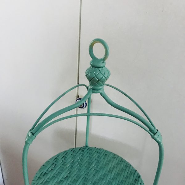 A very pretty Jade blue plate rack or Pie rack vintage collectible display rack 46" tall wicker and metal