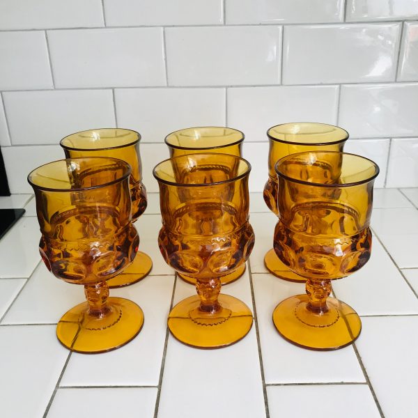 Amber Wine Glasses 6 Kings Crown by Tiffin Glass Vintage Goblets Mid Century Gothic Thumbprint Stems Renaissance  Indiana Glass USA