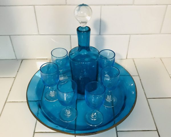 Antique Decanter with Cordials Set Aqua glass with tray clear cut glass stopper and stems gold trimmed tray farmhouse collectible display