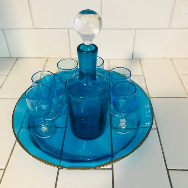 Antique Decanter with Cordials Set Aqua glass with tray clear cut glass stopper and stems gold trimmed tray farmhouse collectible display