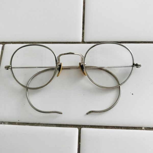 Antique eyeglasses silver ornate patterned wire rim collectible display farmhouse office eye glasses