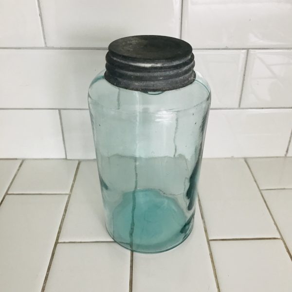 Antique glass aqua canning jar with unique shoulder collectible display farmhouse coffee counter jar zinc lid
