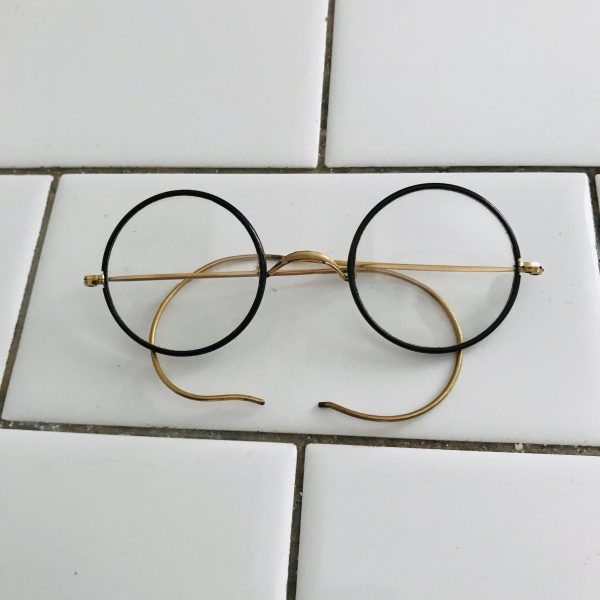 Antique granny glasses eyewear black color bakelite rims wire bows farmhouse office collectible wearable eyewear eye glasses round