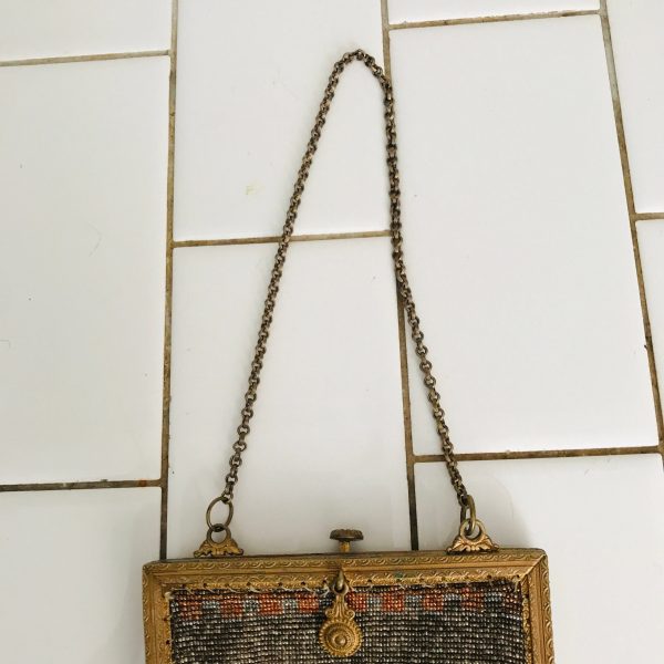 Antique hand beaded Victorian bag with chain strap ornate etched closure tv movie prop collectible display purse push button closure
