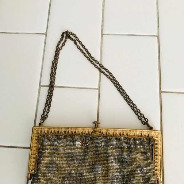 Antique hand beaded Victorian bag with chain strap ornate etched closure tv movie prop collectible display purse push button closure