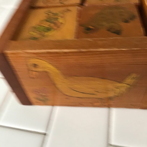Antique hand made blocks in wooden box hand drawn pictures farmhouse display collectible toys wooden wagon wheels