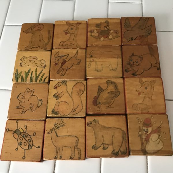 Antique hand made blocks in wooden box hand drawn pictures farmhouse display collectible toys wooden wagon wheels