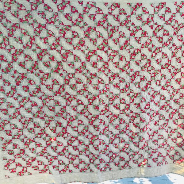 Antique hand made Bowtie quilt cotton red blue ivory 74" x 80" farmhouse collectible display great piece