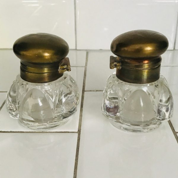 Antique pair of inkwells glass with hinged brass lids collectible display office farmhouse