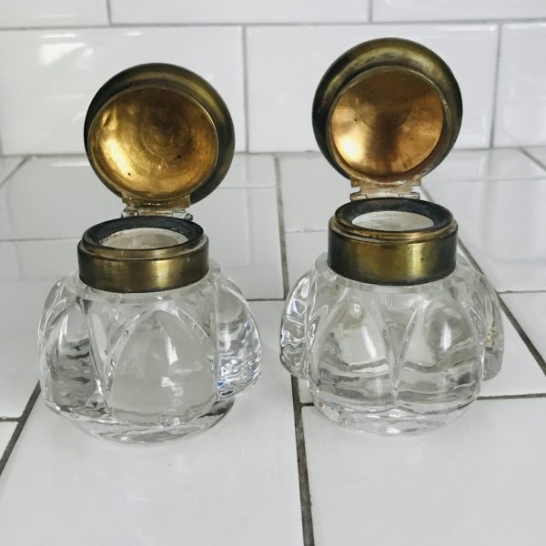 Antique pair of inkwells glass with hinged brass lids collectible display office farmhouse