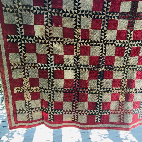 Antique quilt completely hand sewn red ivory blue black cotton ivory back 64" x 72" farmhouse collectible display turn of the century piece