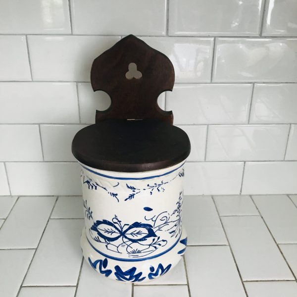 Antique Wall hanging Salt Box with wooden lid farmhouse collectible display kitchen decor blue and white pottery