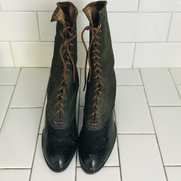 Antique women's boots shoes leather with fabric lace up Museum Movie Theater prop collectible Victorian era display