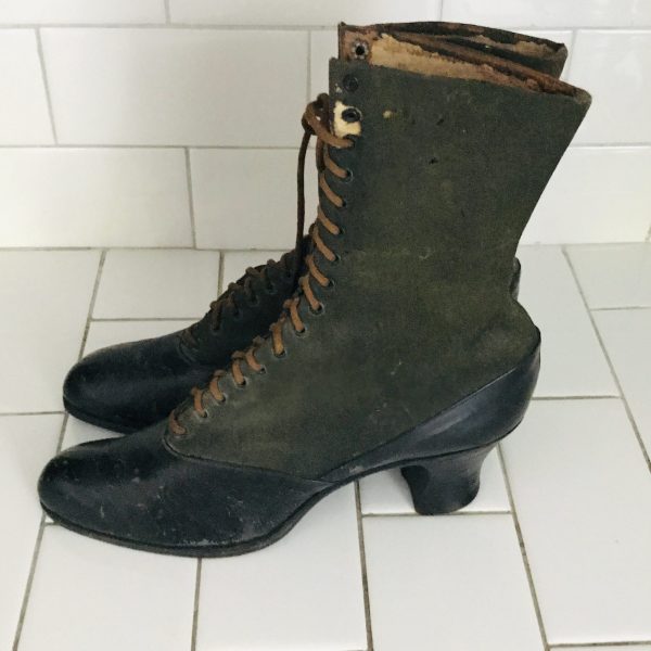 Antique women's boots shoes leather with fabric lace up Museum Movie Theater prop collectible Victorian era display