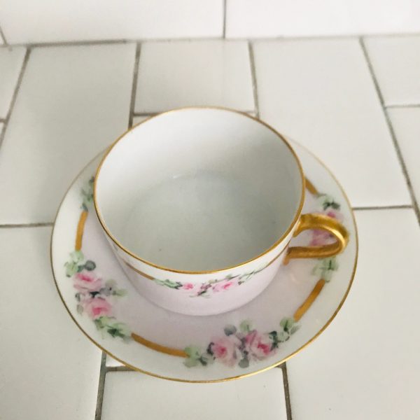 Beautiful Antique tea cup and saucer D & Co. France Hand painted pink with roses and heavy gold trim flat bottom coffee collectible display