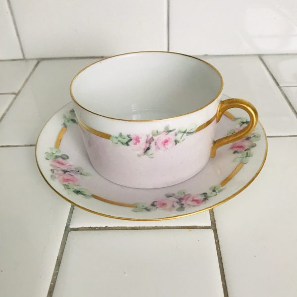 Beautiful Antique tea cup and saucer D & Co. France Hand painted pink with roses and heavy gold trim flat bottom coffee collectible display
