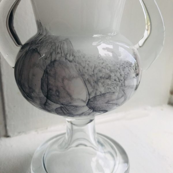 Beautiful Michelangelo Urn Vase Blown Glass Murano Italy White with Gray black and pink double handle Elegant collectible glass