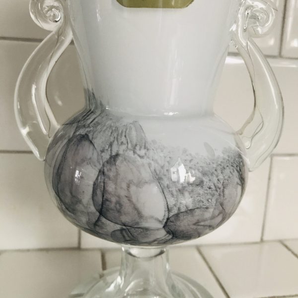 Beautiful Michelangelo Urn Vase Blown Glass Murano Italy White with Gray black and pink double handle Elegant collectible glass