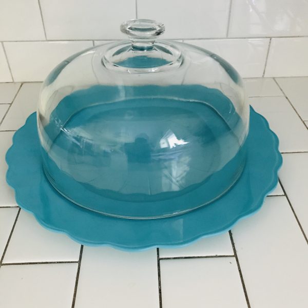 Beautiful Vintage Cake Plate with dome Upcycled Aqua blue base scalloped Large base 14" across
