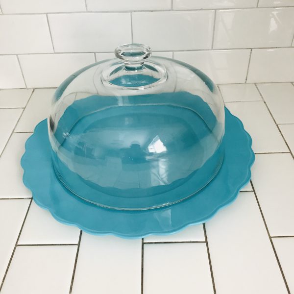Beautiful Vintage Cake Plate with dome Upcycled Aqua blue base scalloped Large base 14" across