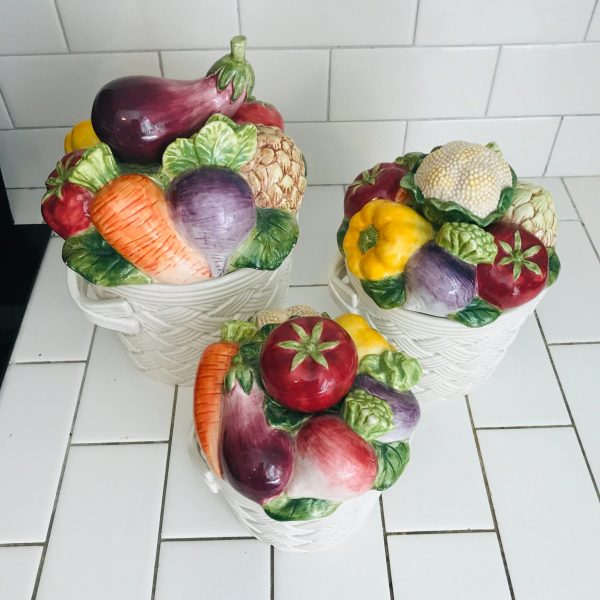 Canister Set Fruit baskets Fitz and Floyd 1995 Classic Country Gourmet Storage sealing lids farmhouse display collectible Fruit baskets